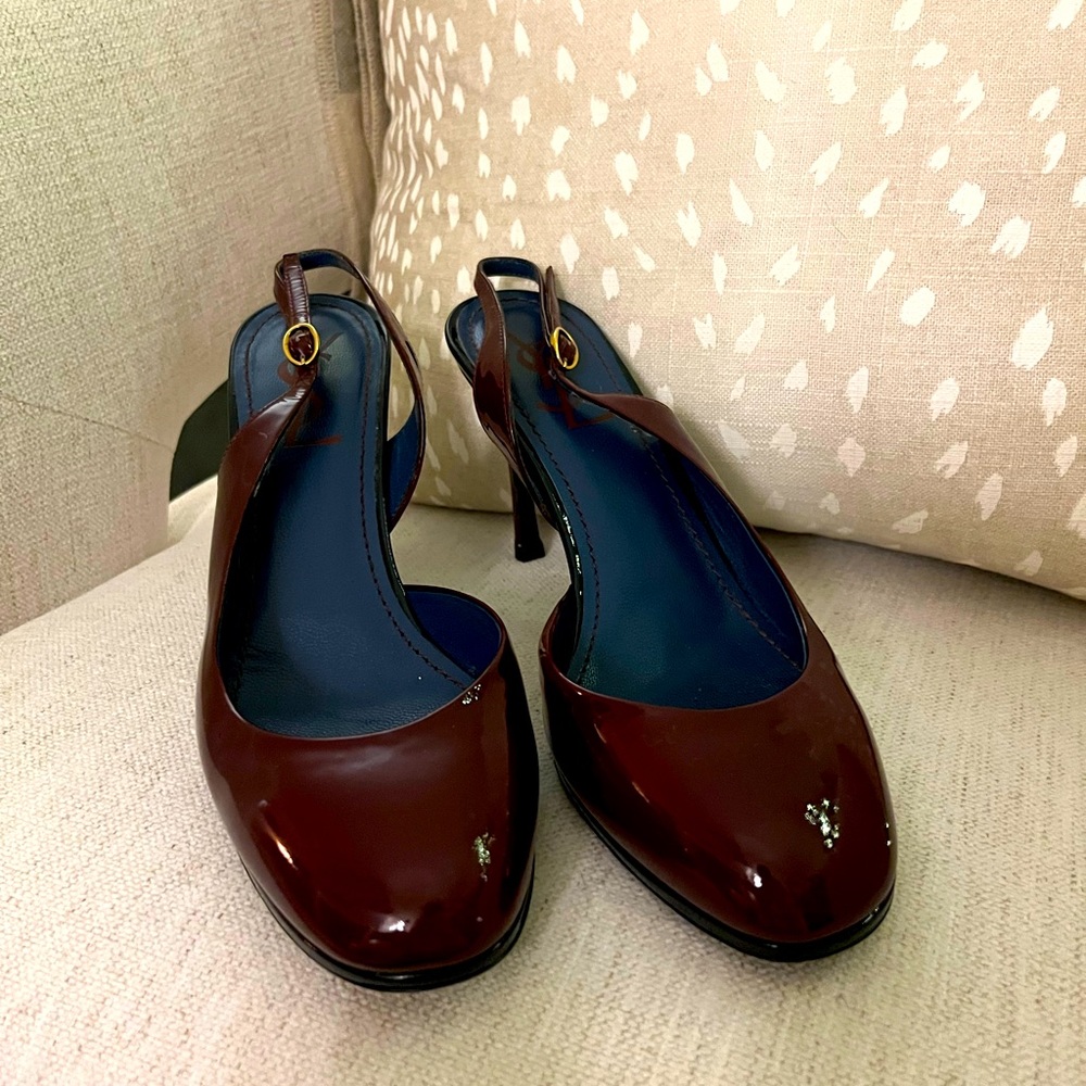 Yves Saint Laurent Burgundy Patent Slingback Pumps 38